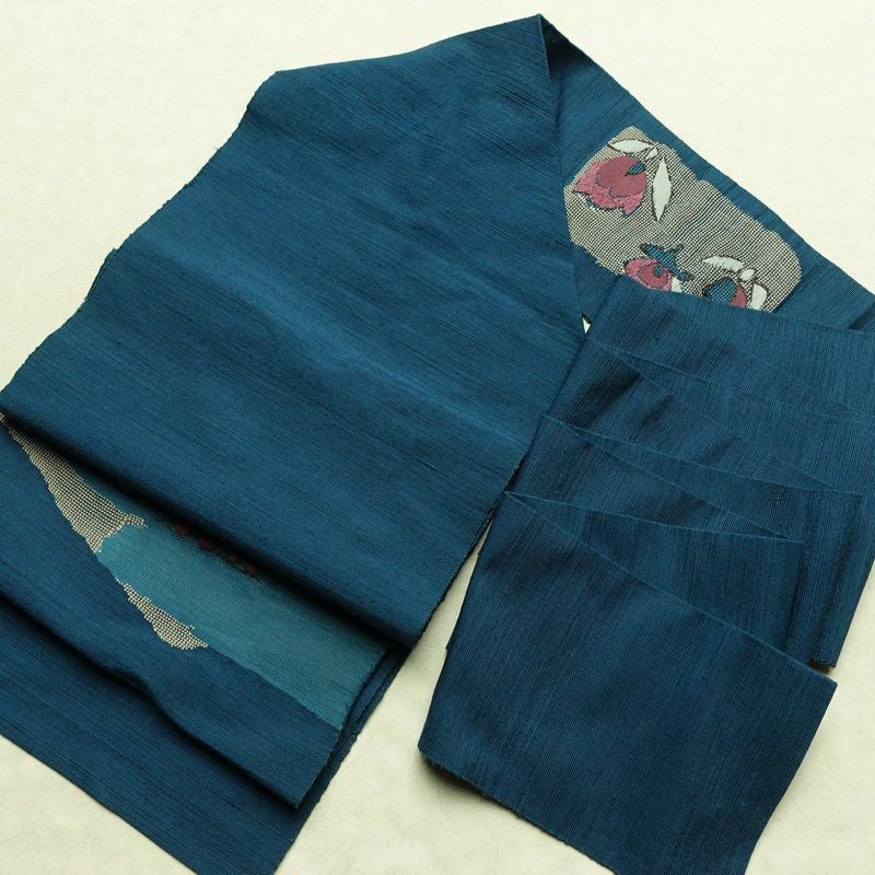 名古屋帯 太鼓柄 正絹 花柄 名古屋仕立て なごや帯 リサイクル帯 帯 モダン 青・紺_画像17
