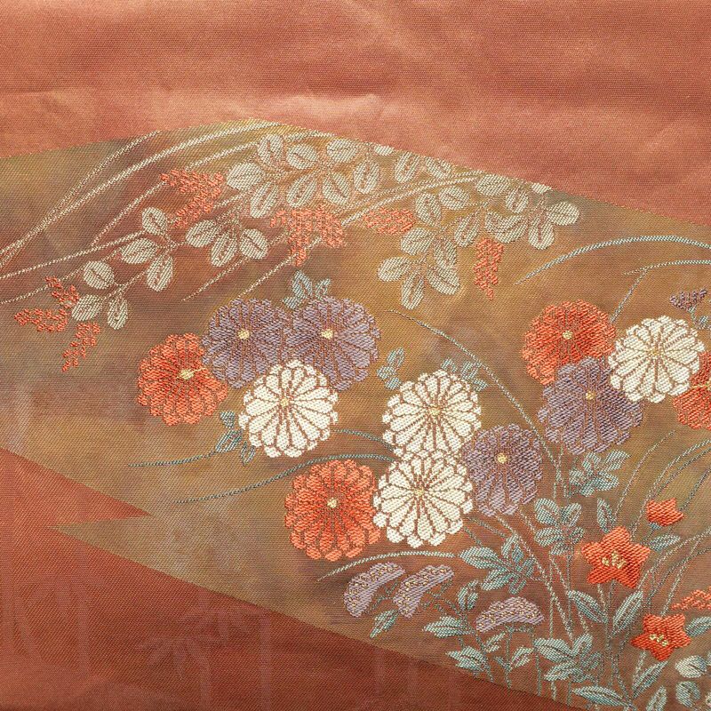 名古屋帯 太鼓柄 良品 正絹 花柄 名古屋仕立て なごや帯 リサイクル帯 帯 引箔 萩 菊 茶_画像2