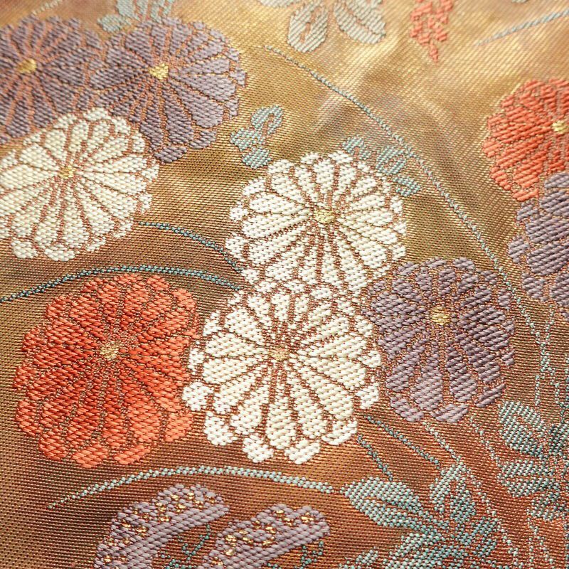 名古屋帯 太鼓柄 良品 正絹 花柄 名古屋仕立て なごや帯 リサイクル帯 帯 引箔 萩 菊 茶_画像3