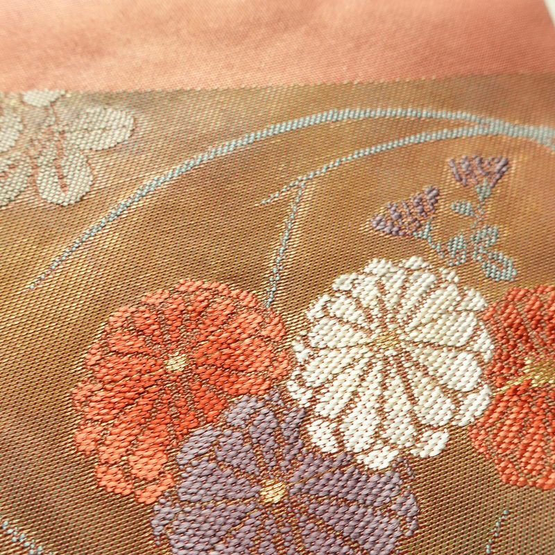 名古屋帯 太鼓柄 良品 正絹 花柄 名古屋仕立て なごや帯 リサイクル帯 帯 引箔 萩 菊 茶_画像5