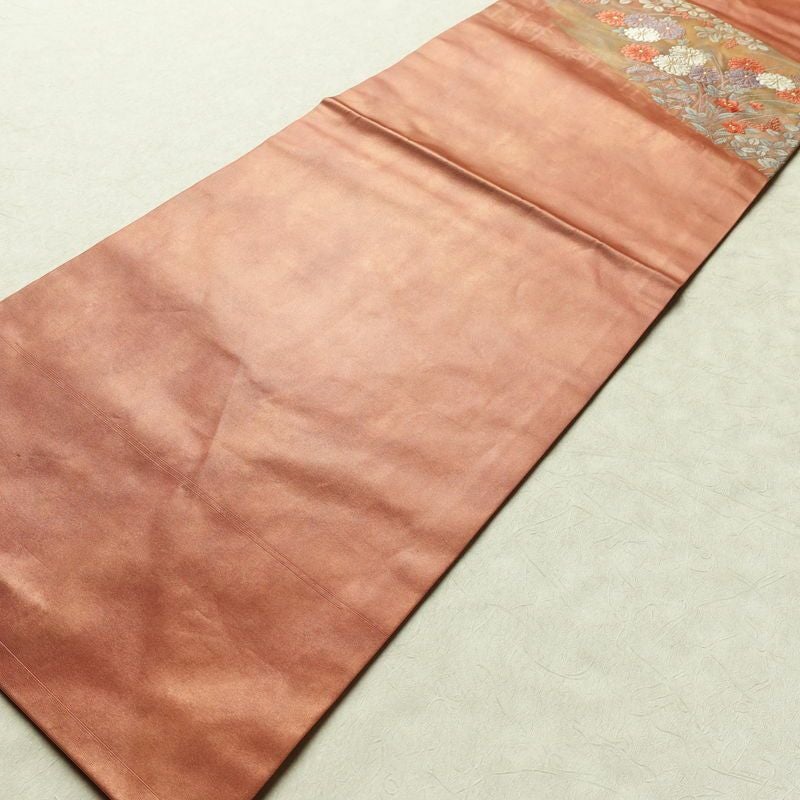 名古屋帯 太鼓柄 良品 正絹 花柄 名古屋仕立て なごや帯 リサイクル帯 帯 引箔 萩 菊 茶_画像9