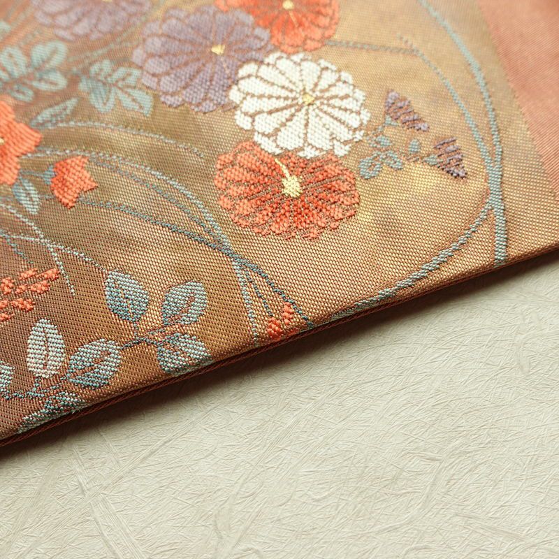 名古屋帯 太鼓柄 良品 正絹 花柄 名古屋仕立て なごや帯 リサイクル帯 帯 引箔 萩 菊 茶_画像12