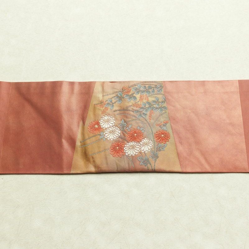 名古屋帯 太鼓柄 良品 正絹 花柄 名古屋仕立て なごや帯 リサイクル帯 帯 引箔 萩 菊 茶_画像13