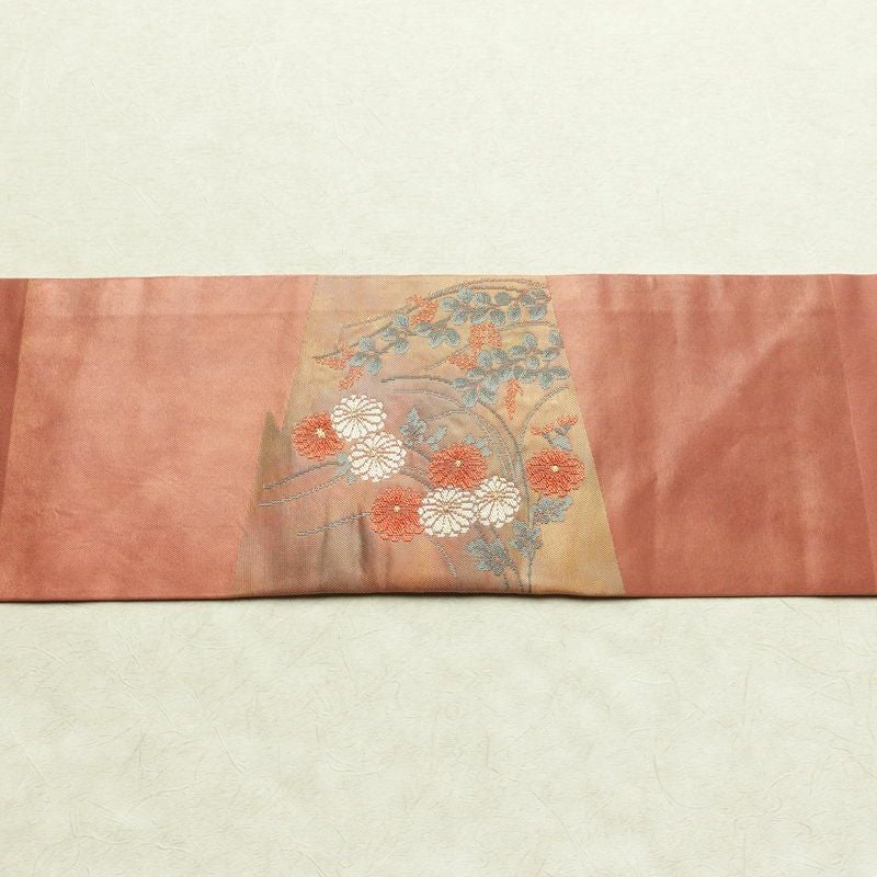 名古屋帯 太鼓柄 良品 正絹 花柄 名古屋仕立て なごや帯 リサイクル帯 帯 引箔 萩 菊 茶_画像14