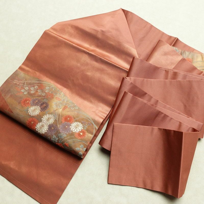 名古屋帯 太鼓柄 良品 正絹 花柄 名古屋仕立て なごや帯 リサイクル帯 帯 引箔 萩 菊 茶_画像17