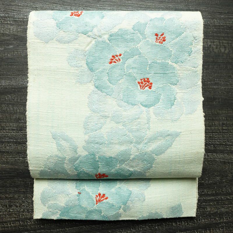 名古屋帯 六通柄 正絹 花柄 松葉仕立て なごや帯 リサイクル帯 帯 紬地 青・紺_画像1