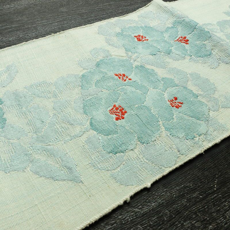 名古屋帯 六通柄 正絹 花柄 松葉仕立て なごや帯 リサイクル帯 帯 紬地 青・紺_画像11