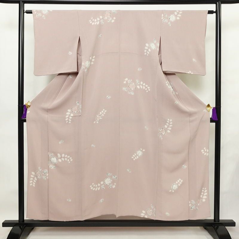 単衣 小紋 縮緬 正絹 花柄 単衣仕立て 飛び柄 身丈153cm 裄丈62.5cm 上品 くすみピンク ピンク_画像1