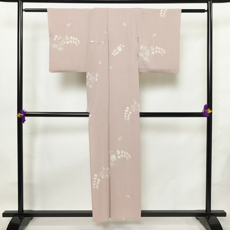 単衣 小紋 縮緬 正絹 花柄 単衣仕立て 飛び柄 身丈153cm 裄丈62.5cm 上品 くすみピンク ピンク_画像2
