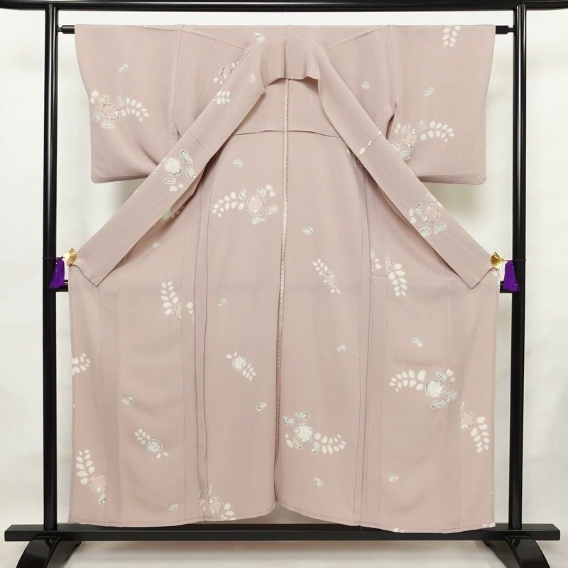 単衣 小紋 縮緬 正絹 花柄 単衣仕立て 飛び柄 身丈153cm 裄丈62.5cm 上品 くすみピンク ピンク_画像3