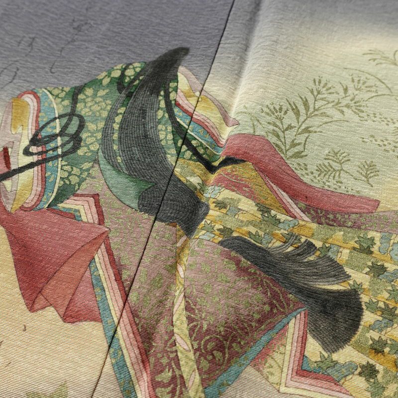 付け下げ 美品 落款入り しつけ糸付き 正絹 人物・動物柄 袷仕立て 身丈148cm 裄丈61.5cm リサイクル着物 着物 箔 紫・藤色_画像6