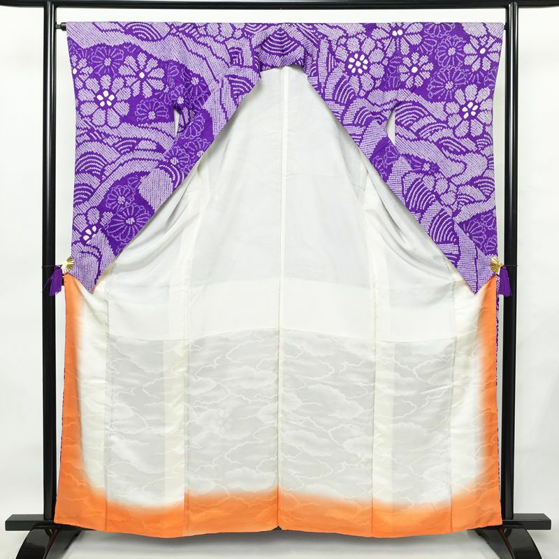 振袖 絞り 総絞り 正絹 花柄 袷仕立て 身丈159.5cm 裄丈65cm リサイクル着物 着物 成人式 二十歳 二十歳の集い フォーマル 紫・藤色_画像3