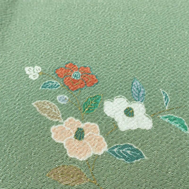 小紋 良品 しつけ糸付き 縮緬 正絹 花柄 袷仕立て 身丈157.5cm 裄丈66.5cm リサイクル着物 着物 金彩 緑・うぐいす色_画像9