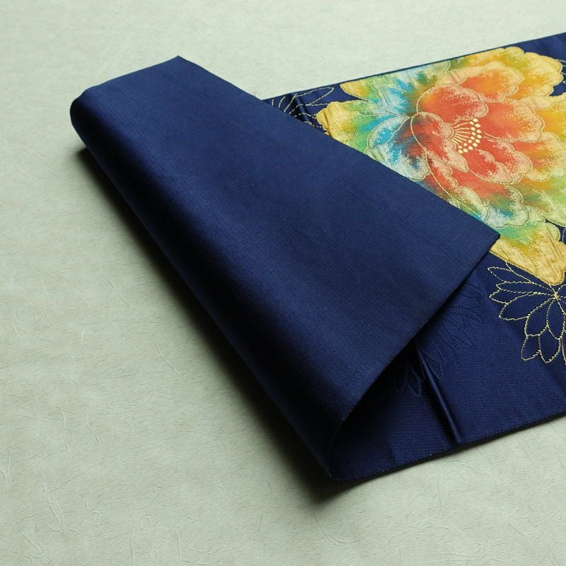 名古屋帯 六通柄 良品 ふくれ織 正絹 花柄 名古屋仕立て なごや帯 リサイクル帯 帯 青・紺_画像9