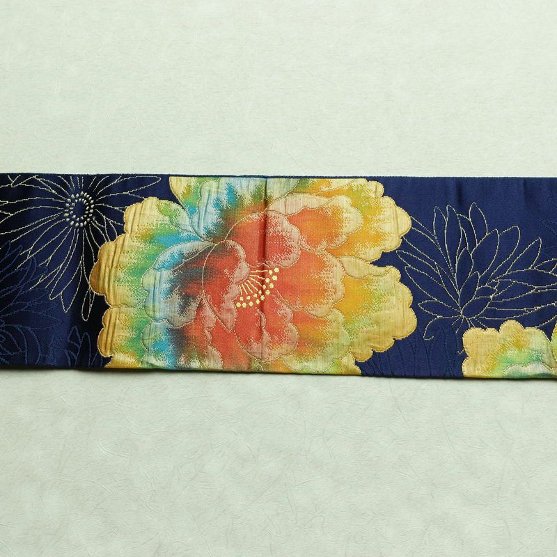 名古屋帯 六通柄 良品 ふくれ織 正絹 花柄 名古屋仕立て なごや帯 リサイクル帯 帯 青・紺_画像13