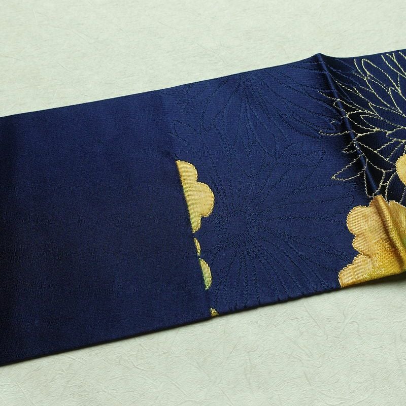 名古屋帯 六通柄 良品 ふくれ織 正絹 花柄 名古屋仕立て なごや帯 リサイクル帯 帯 青・紺_画像15
