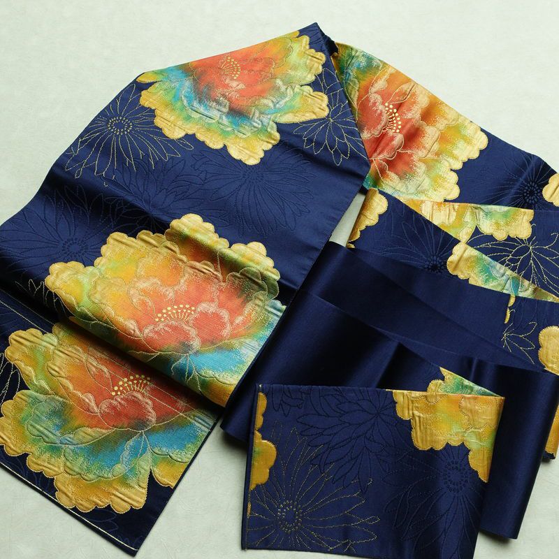 名古屋帯 六通柄 良品 ふくれ織 正絹 花柄 名古屋仕立て なごや帯 リサイクル帯 帯 青・紺_画像17