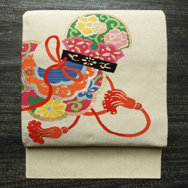 名古屋帯 太鼓柄 良品 つづれ織 正絹 古典柄 松葉仕立て なごや帯 リサイクル帯 帯 金通し クリーム_画像1