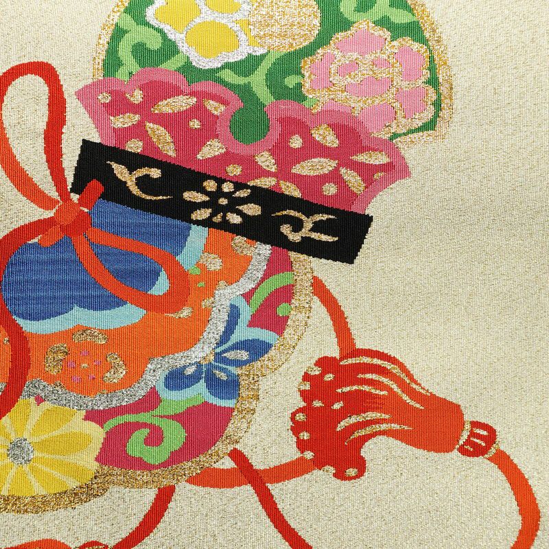 名古屋帯 太鼓柄 良品 つづれ織 正絹 古典柄 松葉仕立て なごや帯 リサイクル帯 帯 金通し クリーム_画像2