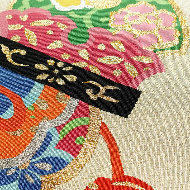 名古屋帯 太鼓柄 良品 つづれ織 正絹 古典柄 松葉仕立て なごや帯 リサイクル帯 帯 金通し クリーム_画像3