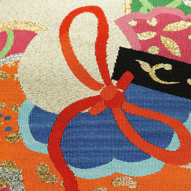 名古屋帯 太鼓柄 良品 つづれ織 正絹 古典柄 松葉仕立て なごや帯 リサイクル帯 帯 金通し クリーム_画像4