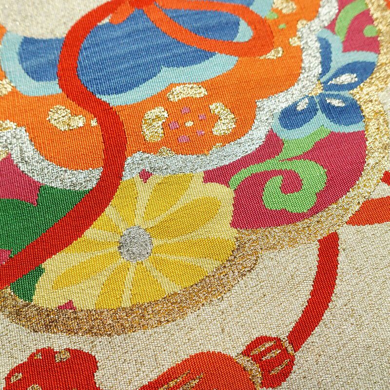 名古屋帯 太鼓柄 良品 つづれ織 正絹 古典柄 松葉仕立て なごや帯 リサイクル帯 帯 金通し クリーム_画像5