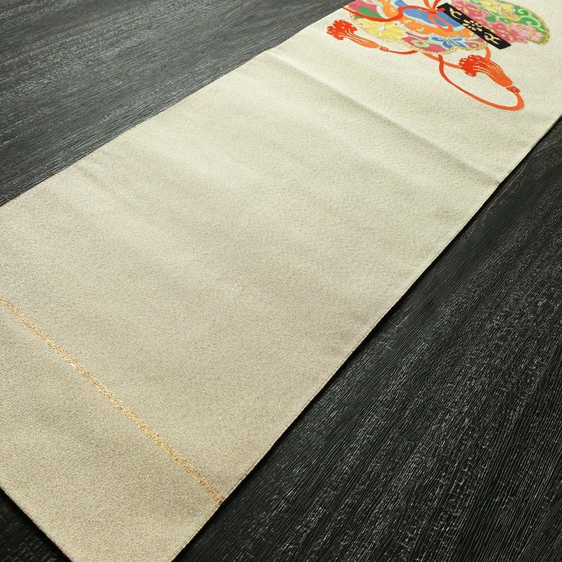 名古屋帯 太鼓柄 良品 つづれ織 正絹 古典柄 松葉仕立て なごや帯 リサイクル帯 帯 金通し クリーム_画像9