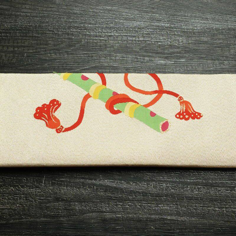 名古屋帯 太鼓柄 良品 つづれ織 正絹 古典柄 松葉仕立て なごや帯 リサイクル帯 帯 金通し クリーム_画像12