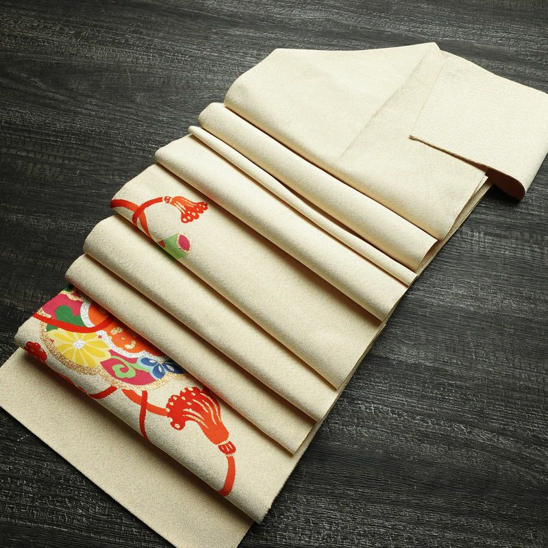 名古屋帯 太鼓柄 良品 つづれ織 正絹 古典柄 松葉仕立て なごや帯 リサイクル帯 帯 金通し クリーム_画像18