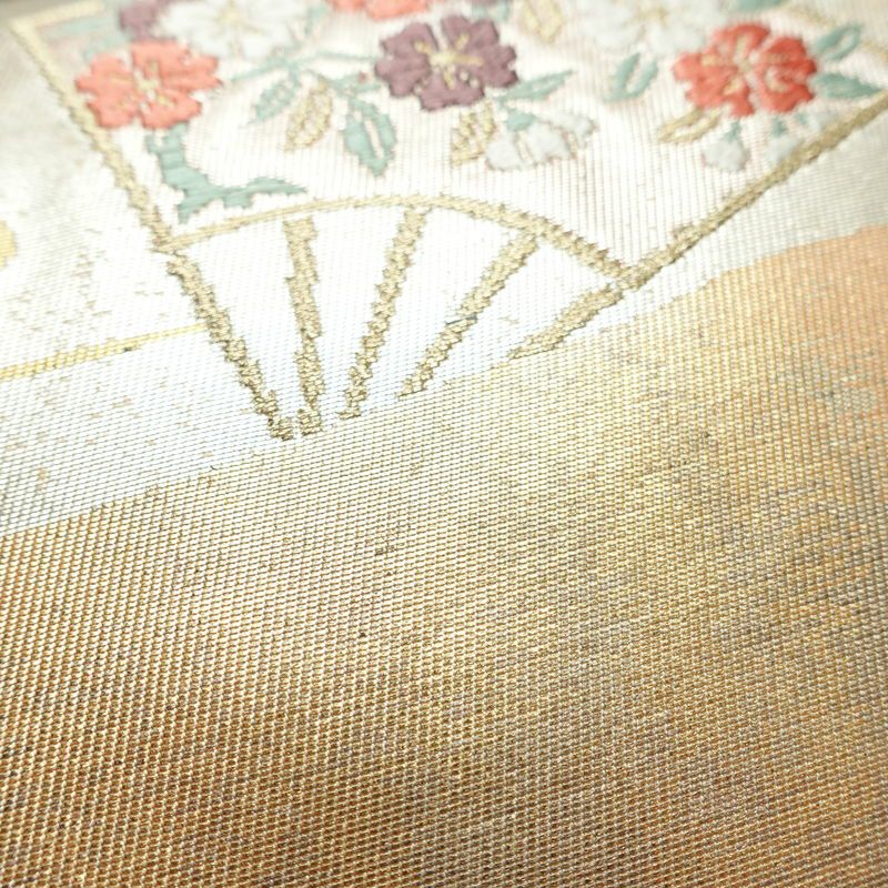名古屋帯 太鼓柄 良品 正絹 古典柄 名古屋仕立て なごや帯 リサイクル帯 帯 引箔 扇子 ピンク_画像5