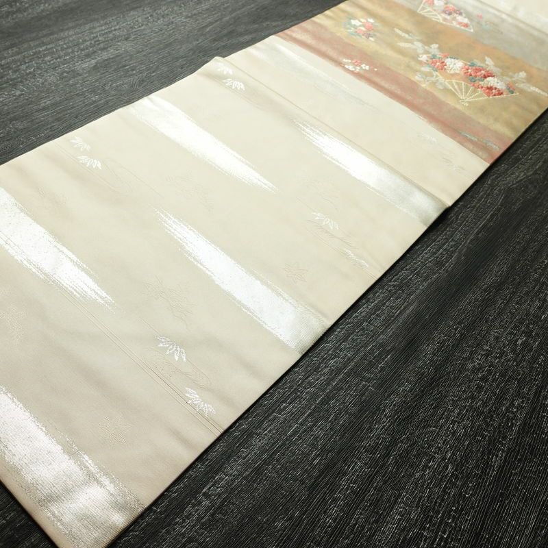 名古屋帯 太鼓柄 良品 正絹 古典柄 名古屋仕立て なごや帯 リサイクル帯 帯 引箔 扇子 ピンク_画像8