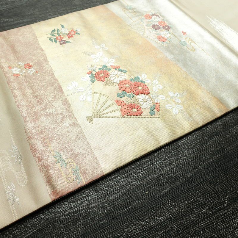 名古屋帯 太鼓柄 良品 正絹 古典柄 名古屋仕立て なごや帯 リサイクル帯 帯 引箔 扇子 ピンク_画像10