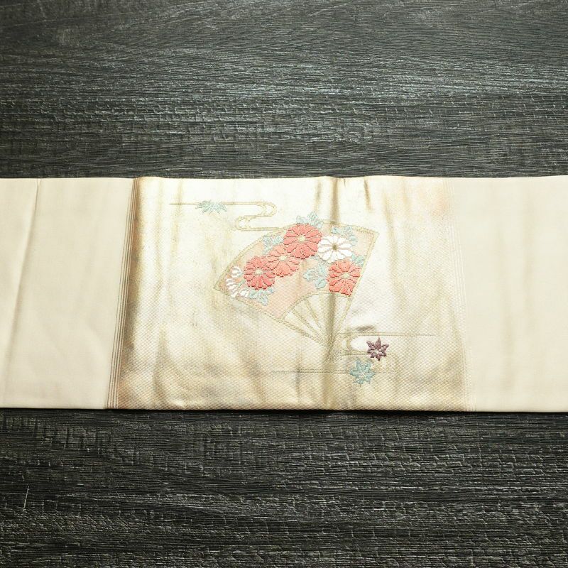 名古屋帯 太鼓柄 良品 正絹 古典柄 名古屋仕立て なごや帯 リサイクル帯 帯 引箔 扇子 ピンク_画像12