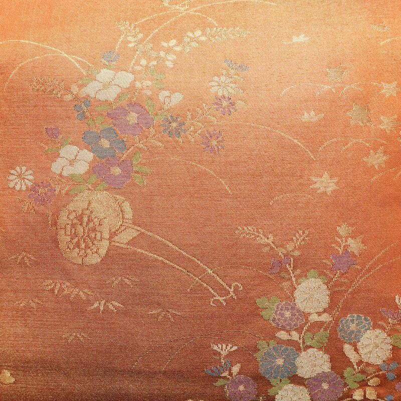 名古屋帯 六通柄 良品 正絹 花柄 名古屋仕立て なごや帯 ポケット付き リサイクル帯 帯 箔 橙_画像2