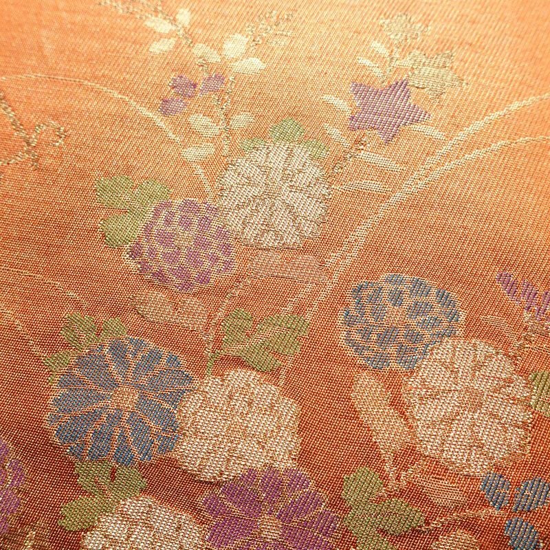 名古屋帯 六通柄 良品 正絹 花柄 名古屋仕立て なごや帯 ポケット付き リサイクル帯 帯 箔 橙_画像3