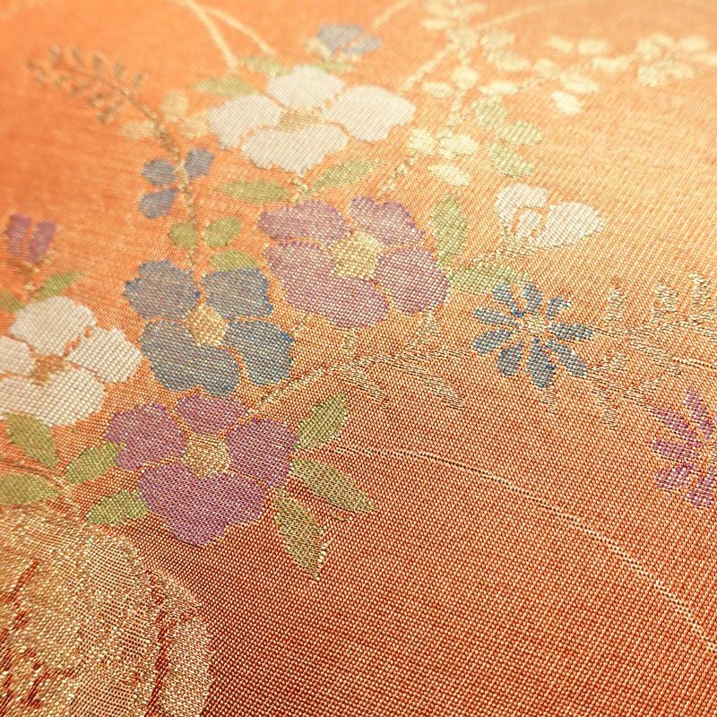 名古屋帯 六通柄 良品 正絹 花柄 名古屋仕立て なごや帯 ポケット付き リサイクル帯 帯 箔 橙_画像5
