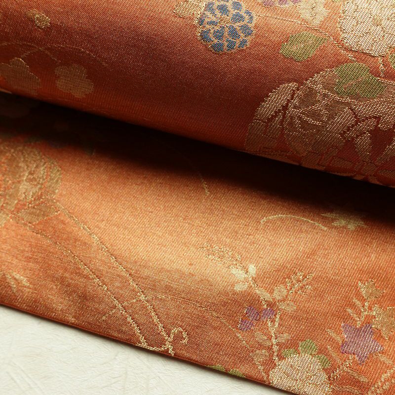 名古屋帯 六通柄 良品 正絹 花柄 名古屋仕立て なごや帯 ポケット付き リサイクル帯 帯 箔 橙_画像7