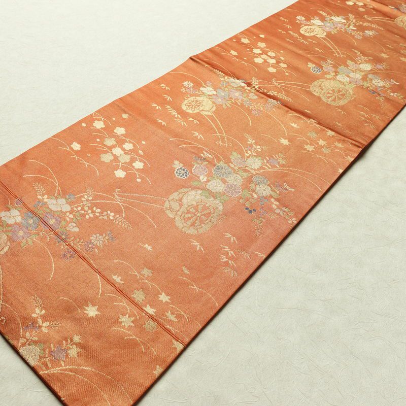名古屋帯 六通柄 良品 正絹 花柄 名古屋仕立て なごや帯 ポケット付き リサイクル帯 帯 箔 橙_画像8