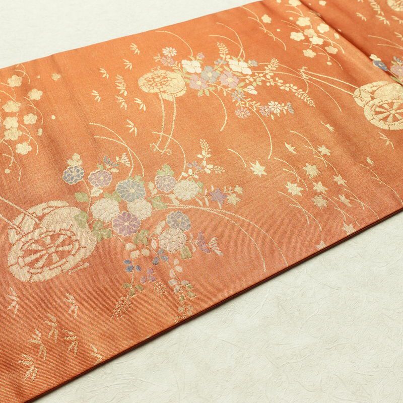 名古屋帯 六通柄 良品 正絹 花柄 名古屋仕立て なごや帯 ポケット付き リサイクル帯 帯 箔 橙_画像11