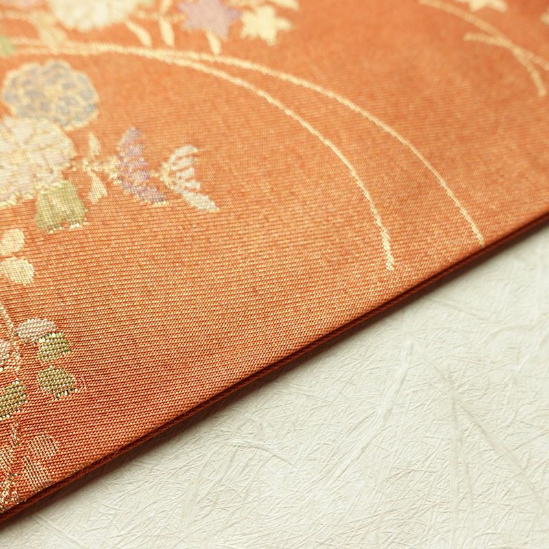 名古屋帯 六通柄 良品 正絹 花柄 名古屋仕立て なごや帯 ポケット付き リサイクル帯 帯 箔 橙_画像12