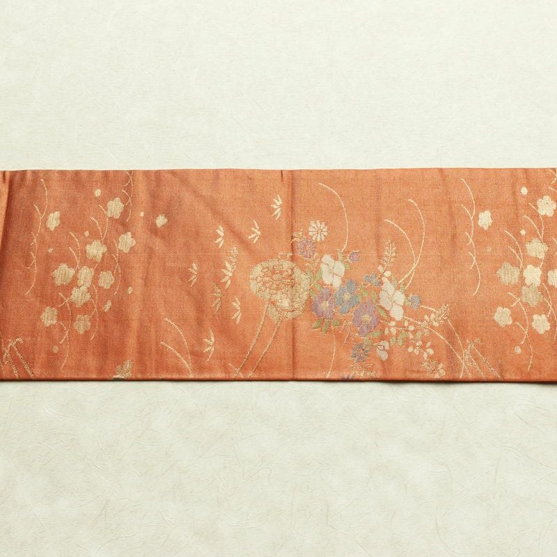 名古屋帯 六通柄 良品 正絹 花柄 名古屋仕立て なごや帯 ポケット付き リサイクル帯 帯 箔 橙_画像13
