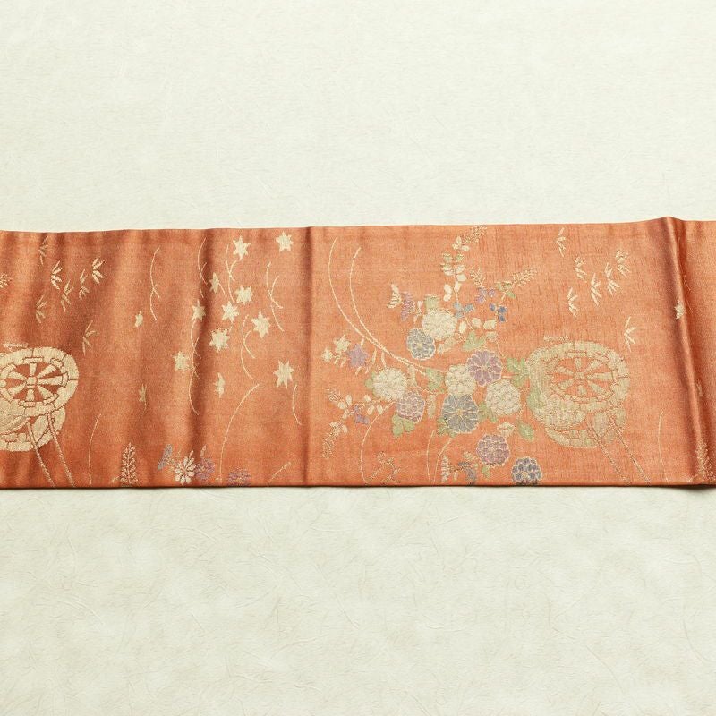 名古屋帯 六通柄 良品 正絹 花柄 名古屋仕立て なごや帯 ポケット付き リサイクル帯 帯 箔 橙_画像14