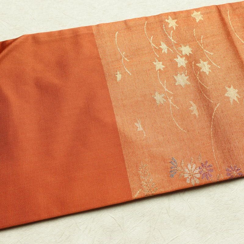 名古屋帯 六通柄 良品 正絹 花柄 名古屋仕立て なごや帯 ポケット付き リサイクル帯 帯 箔 橙_画像15
