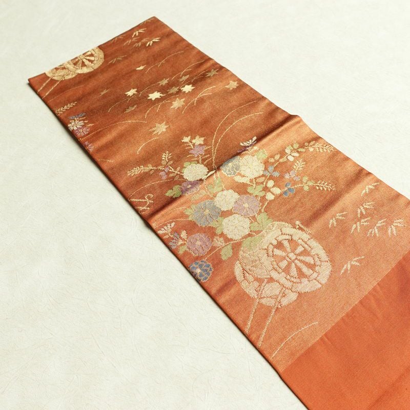 名古屋帯 六通柄 良品 正絹 花柄 名古屋仕立て なごや帯 ポケット付き リサイクル帯 帯 箔 橙_画像16
