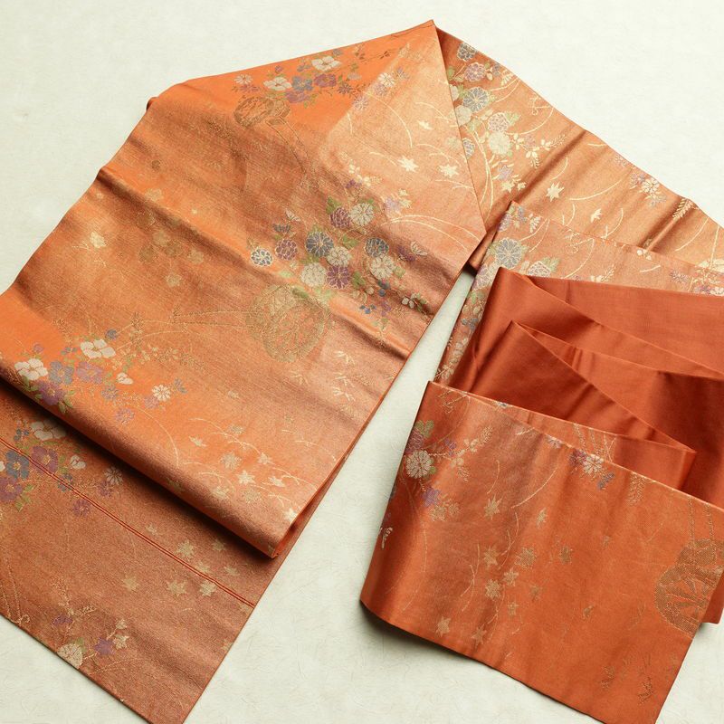 名古屋帯 六通柄 良品 正絹 花柄 名古屋仕立て なごや帯 ポケット付き リサイクル帯 帯 箔 橙_画像17