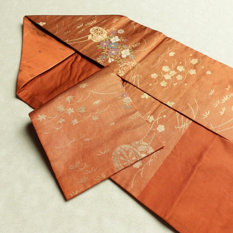 名古屋帯 六通柄 良品 正絹 花柄 名古屋仕立て なごや帯 ポケット付き リサイクル帯 帯 箔 橙_画像21