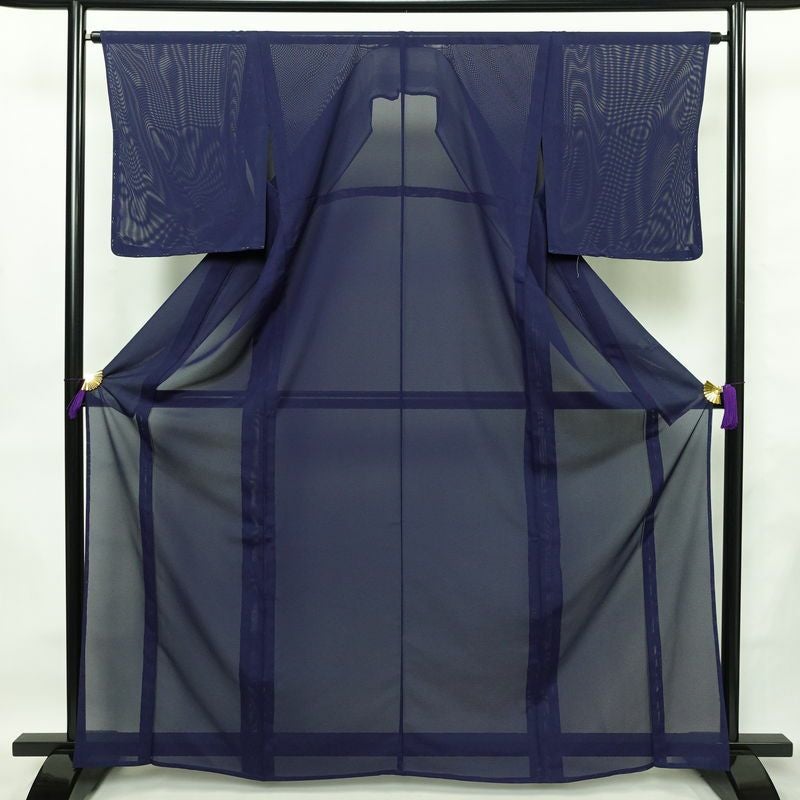 盛夏 色無地 良品 絽 しつけ糸付き ポリエステル 無地 単衣仕立て 身丈163.5cm 裄丈64cm リサイクル着物 着物 薄物 お茶会 シンプル 青・紺_画像1