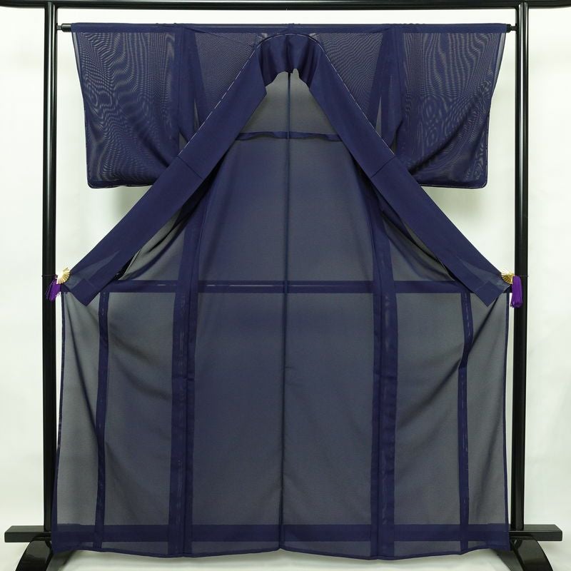 盛夏 色無地 良品 絽 しつけ糸付き ポリエステル 無地 単衣仕立て 身丈163.5cm 裄丈64cm リサイクル着物 着物 薄物 お茶会 シンプル 青・紺_画像3