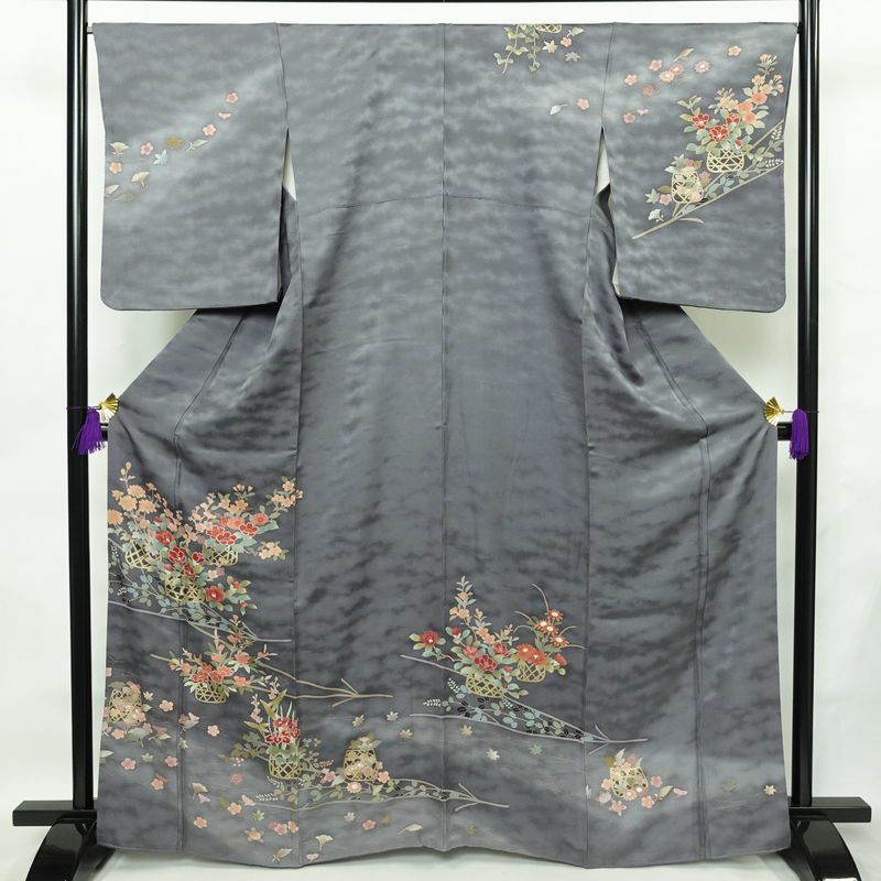 訪問着 良品 正絹 花柄 袷仕立て 身丈165cm 裄丈67cm リサイクル着物 着物 箔 共八掛 金彩 入学式 卒業式 七五三 お宮参り フォーマル 青・紺_画像1