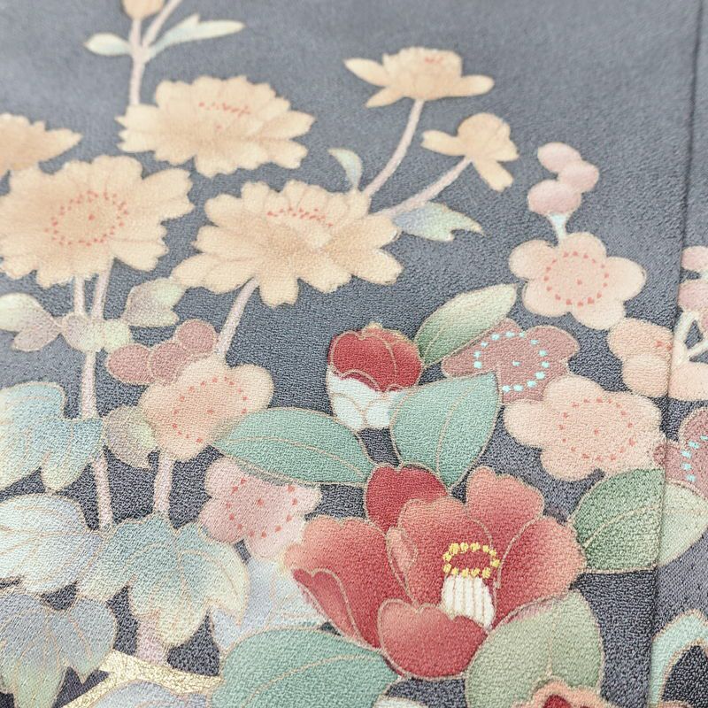 訪問着 良品 正絹 花柄 袷仕立て 身丈165cm 裄丈67cm リサイクル着物 着物 箔 共八掛 金彩 入学式 卒業式 七五三 お宮参り フォーマル 青・紺_画像9